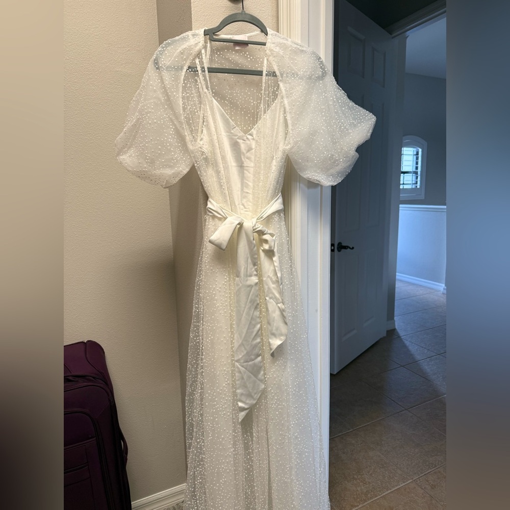 Le Rose Sheer White Bridal Robe with Polka Dots - Slip & Belt Included